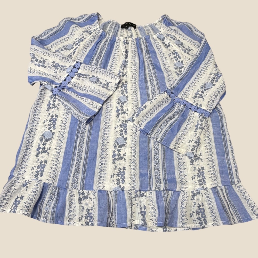 Fred David Blue White Floral Peasant Ruffle Hem Boho Bell Sleeve Top Medium